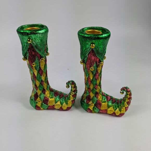 Elf Shoe Candlestick Holders 6.5" Christmas Holiday Decor Jester Mardi Gras Gold - Picture 3 of 15